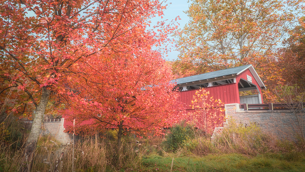 Autumn Surrounds Schlichers Covered Bridge Print