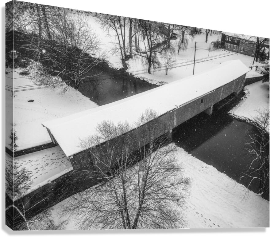 Black and White Snowy Bogert Covered Bridge Aerial Canvas Print