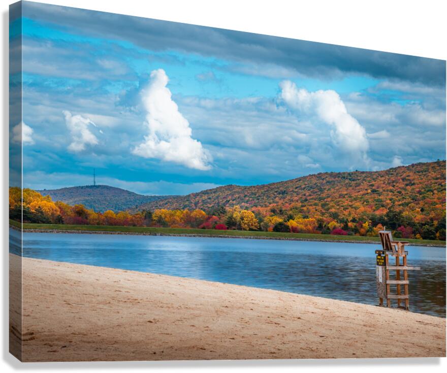 Autumn Beach Scene with Lifeguard Chair at Mauch Chunk Lake Canvas Print