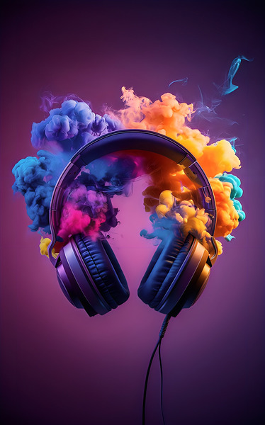 a pair of headphones that seem to be emanating vi Print