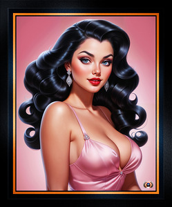 Glamorous Raven Haired Pin-up Girl In A Pink Satin Dress Illustration Mesmerizing AI Concept Art by Xzendor7