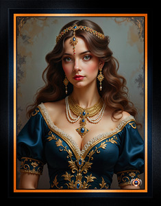 A Timeless Portrait of Anna-Marie in a Gold Embroidered Teal Dress Enchanting AI Concept Art by Xzendor7
