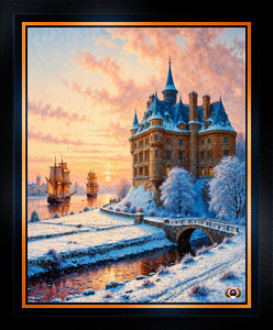 An Enchanting Sunset Scene Of A Snowy Castle Overlooking A River With Sailing Ships Serene AI Concept Art by Xzendor7