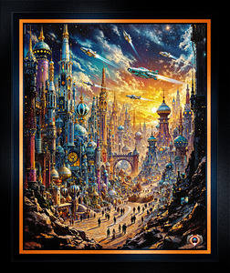 Baroque Inspired Interstellar Bazaar Cityscape at Sunset Mesmerizing AI Concept Art by Xzendor7