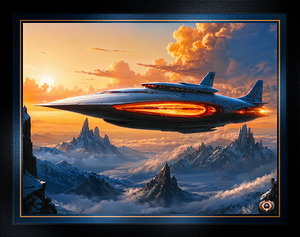 Spaceship Soars Over Alien Snow-Capped Mountains At Sunset Astounding AI Concept Art by Xzendor7