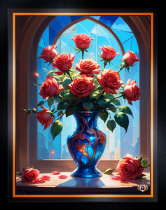 Elegant Red Roses In Ornate Blue Vase With Sunlit Stained Glass Backdrop Beautiful AI Concept Art by Xzendor7