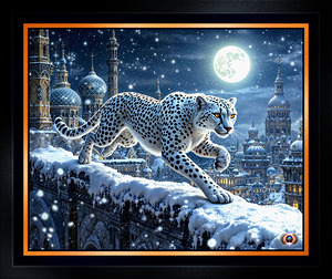 White Cheetah Roams Snow-Capped Rooftops Of A Moonlit Fantasy Cityscape Enchanting AI Concept Art by Xzendor7