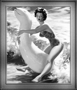 Riding The Waves by Bill Medcalf Black and White Vintage Pin Up Girl Art