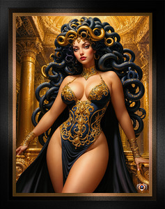 The Medusan Queen in Her Golden Palace Fantasy Art Pin-Up Girl Illustration Mesmerizing AI Concept Art by Xzendor7