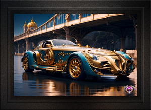 The Trident Triumphant Calacinni Baroque Nouveau Golden Blue Sports Coupe AI Automotive Concept Art by Xzendor7