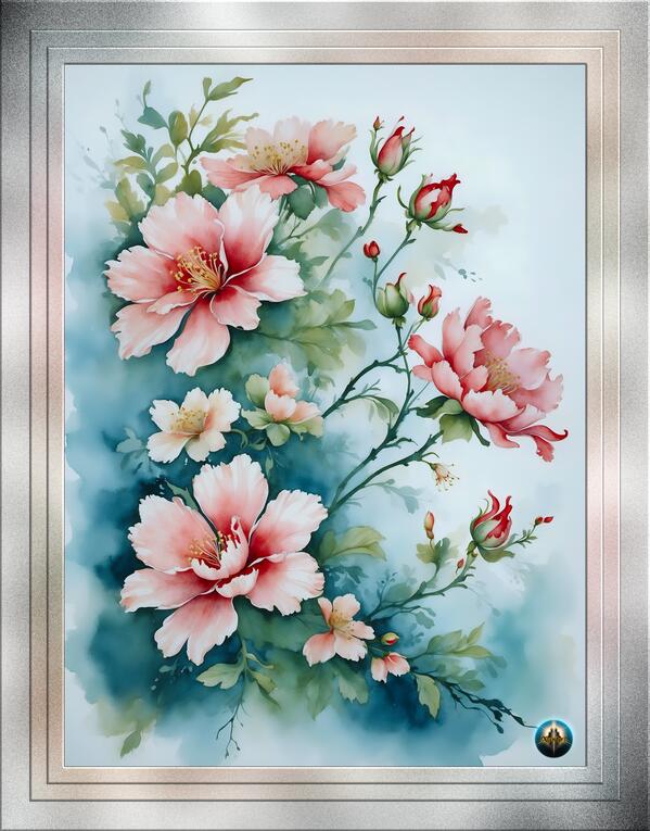 Blossoms Of The Sun Japanese Style Watercolor Floral Art Print AI Concept Art by Xzendor7 Print