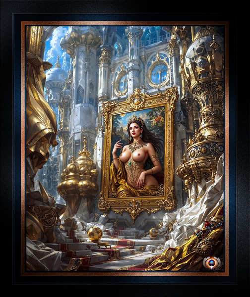 The Golden Portrait Of Kalia Falan Amidst The Treasures Of Delious Stunning AI Concept Art by Xzendor7 by xzendor7