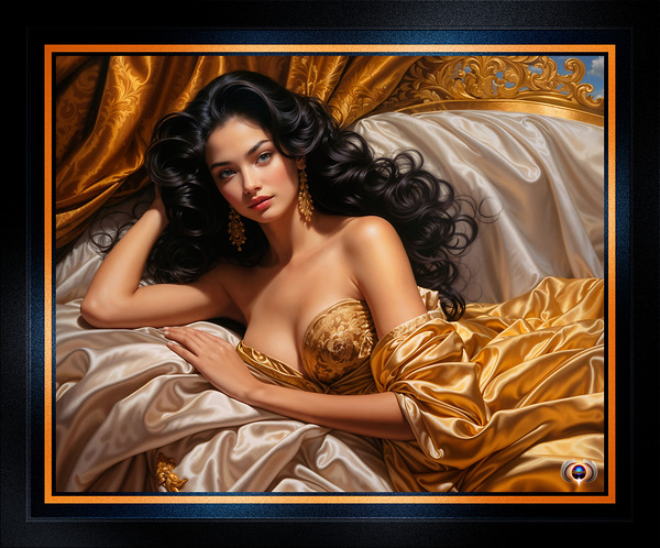 A Mesmerizing Raven-Haired Beauty Reclining In Satin And Golden Luxury AI Concept Art by Xzendor7 Print
