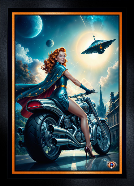 Uranna Laxien Evading Alien Craft On Her Fyrnax Motorcycle Gorgeous AI Concept Art by Xzendor7 Print