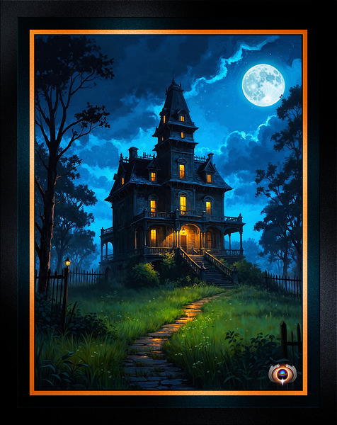 Gothic Noir Haunted Victorian Mansion By Moonlight Haunting Halloween AI Concept Art by Xzendor7 Print