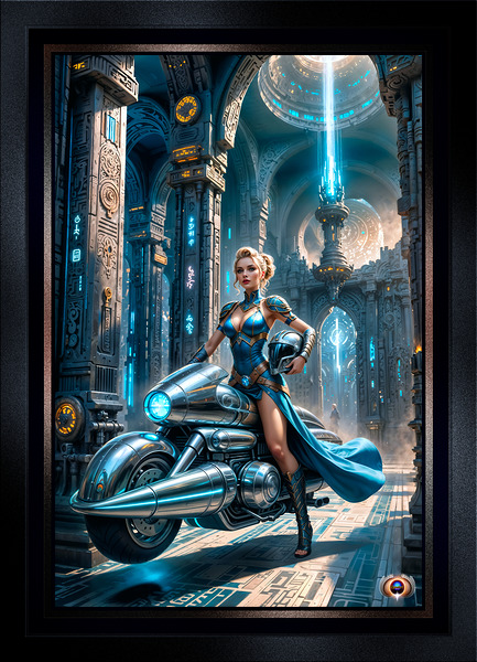 Metrelda Avinox Cadet Of Morvath Keep On Her Hovercycle Mesmerizing AI Concept Art by Xzendor7 Print