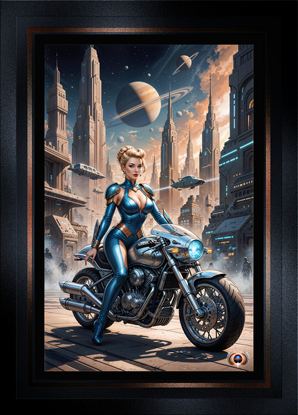 Ylara Fynra Poised On Her Jaxtor M113 In Caelum City Stunning AI Concept Art by Xzendor7 Print