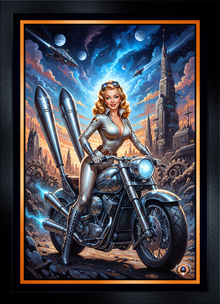 Sci-Fi Pin-Up Portrait Of Ariana Rossi On Her Stellar Racer Mesmerizing AI Concept Art by Xzendor7 Print