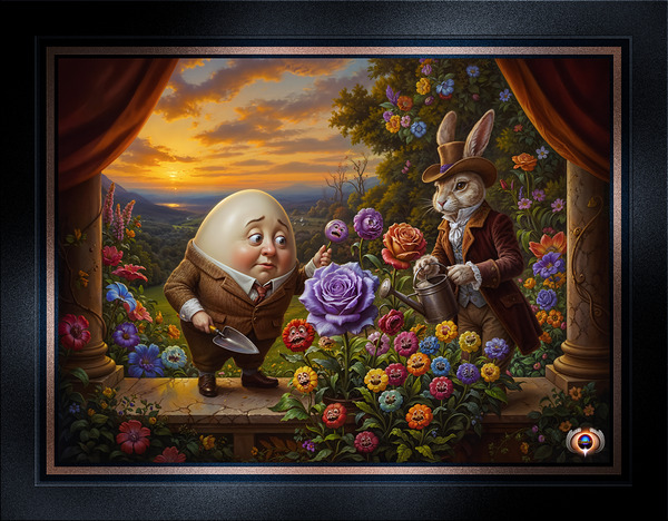 Humpty Dumpty And Peter Rabbit In A Whimsical Garden Enchanting AI Concept Art by Xzendor7 Print