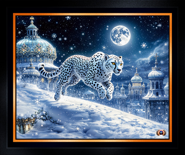 Mystical White Cheetah Traversing An Enchanting Moonlit Winter Cityscape Captivating AI Concept Art by Xzendor7  Print