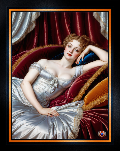 Lady Mirella Gianetta Reclining On Velvet Chaise Portrait Mesmerizing AI Concept Art by Xzendor7 Print