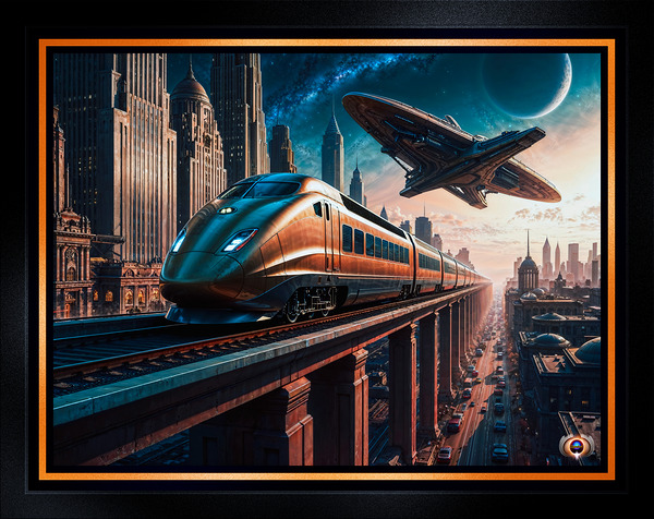Retro-Futurism Cityscape With High Speed Train And Hovering Spacecraft Awe-Inspiring AI Concept Art by Xzendor7 Print