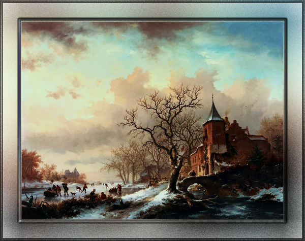 Castle Winter Landscape With Skaters On A Frozen River by Frederik Kruseman Old Masters Fine Art Reproduction by xzendor7