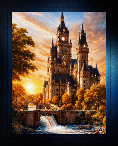 Fantasy Castle With Bridges Over A River by Sunset Astonishing AI Concept Art Portrait by Xzendor7 Print