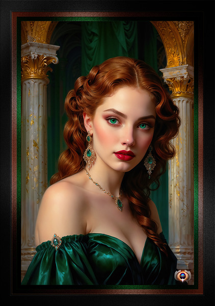 Baroque Portrait of a Young Woman With Emerald Green Eyes In An Emerald Green Dress Mesmerizing AI Concept Art by Xzendor7 by xzendor7