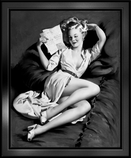 A Love Letter Pin-up Girl Illustration by Gil Elvgren Black and White Xzendor7 Old Masters Vintage Art Reproductions  Print