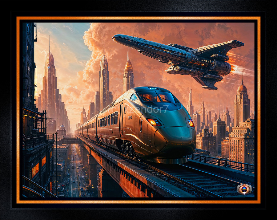 Retro-Futuristic Delketor Metropolis Train And Spaceship Scene Awe