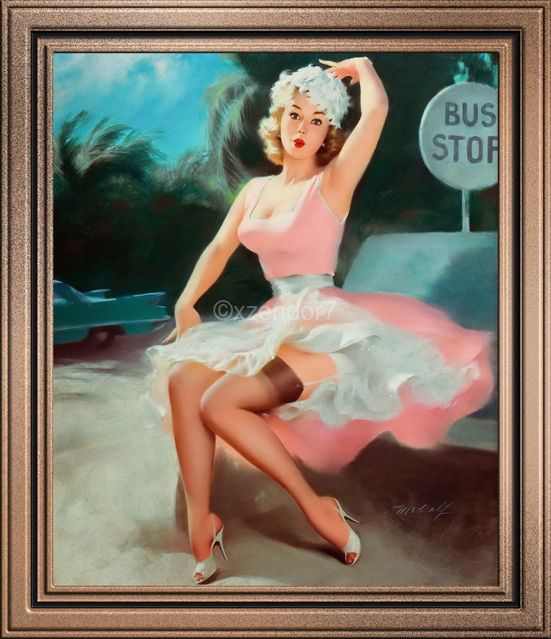 Bus Stop Pinup Girl Vintage Artwork by xzendor7 Wall Art