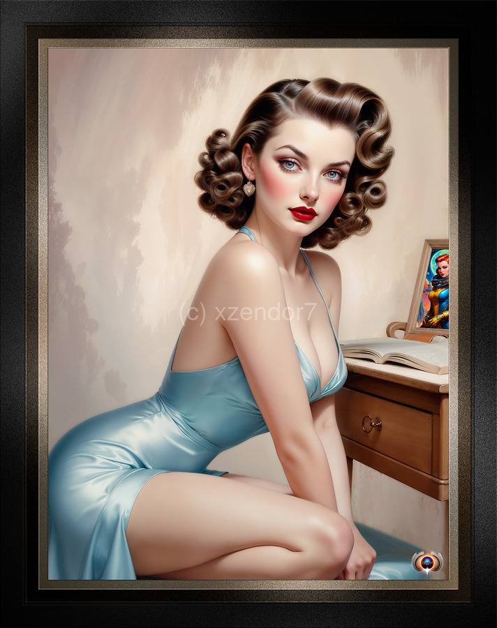 Elegant Pin-Up Girl Beauty In Satin Blue Attire Reading At Her