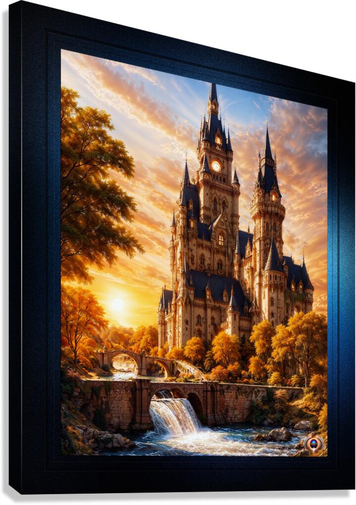 Fantasy Castle With Bridges Over A River by Sunset Astonishing AI Concept Art Portrait by Xzendor7 Canvas Print
