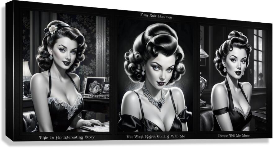 Portrait Illustration Of 3 Film Noir Retro Vintage Beauties Stunning AI Concept Art by Xzendor7 Canvas Print