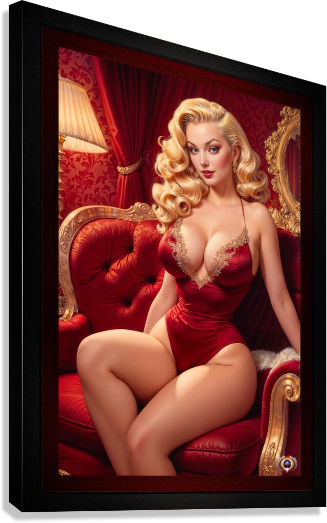 An Elegant Blonde Bombshell Pin Up Girl Sitting On A Red Velvet Sofa Gorgeous AI Concept Art by Xzendor7 Canvas Print
