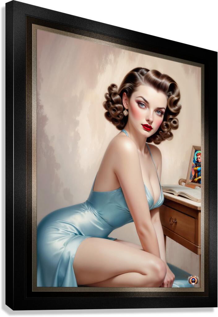 Elegant Pin-Up Girl Beauty In Satin Blue Attire Reading At