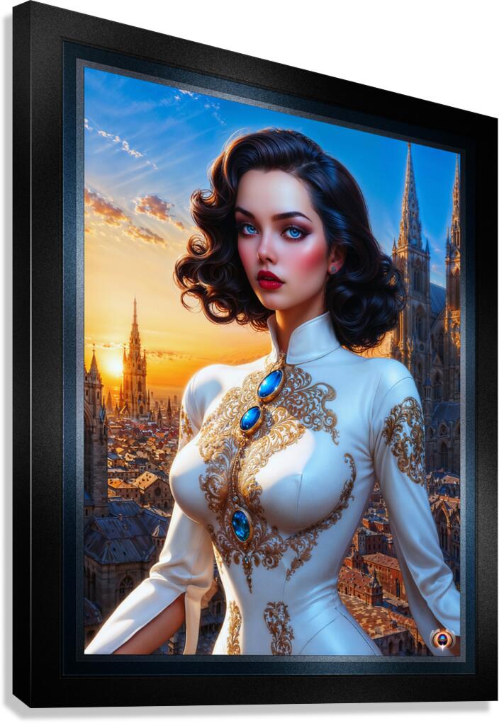 The Regal Thycia Assani Against The Backdrop Of The Brassia Metropolis Mesmerizing AI Concept Art by Xzendor7 Canvas Print