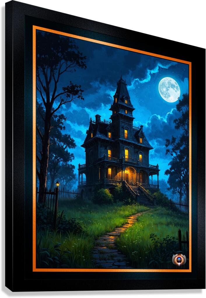 Gothic Noir Haunted Victorian Mansion By Moonlight Haunting Halloween AI Concept Art by Xzendor7 Canvas Print