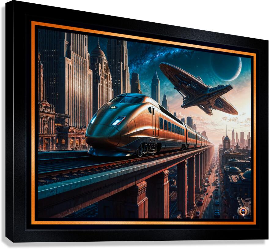 Retro-Futurism Cityscape With High Speed Train And Hovering Spacecraft Awe-Inspiring AI Concept Art by Xzendor7 Canvas Print