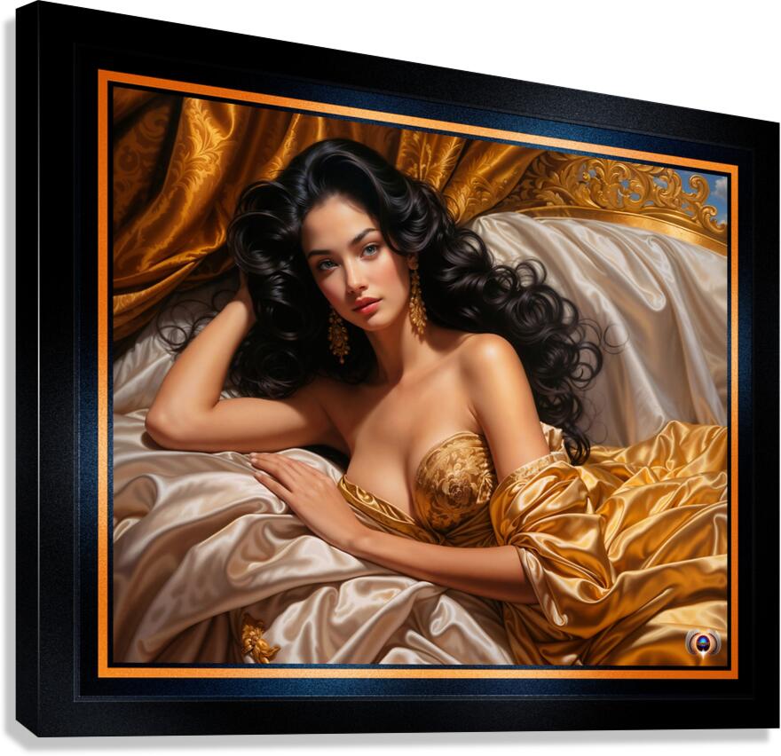 A Mesmerizing Raven-Haired Beauty Reclining In Satin And Golden Luxury AI Concept Art by Xzendor7 Canvas Print