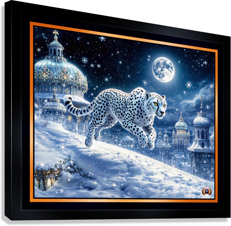 Mystical White Cheetah Traversing An Enchanting Moonlit Winter Cityscape Captivating AI Concept Art by Xzendor7  Canvas Print