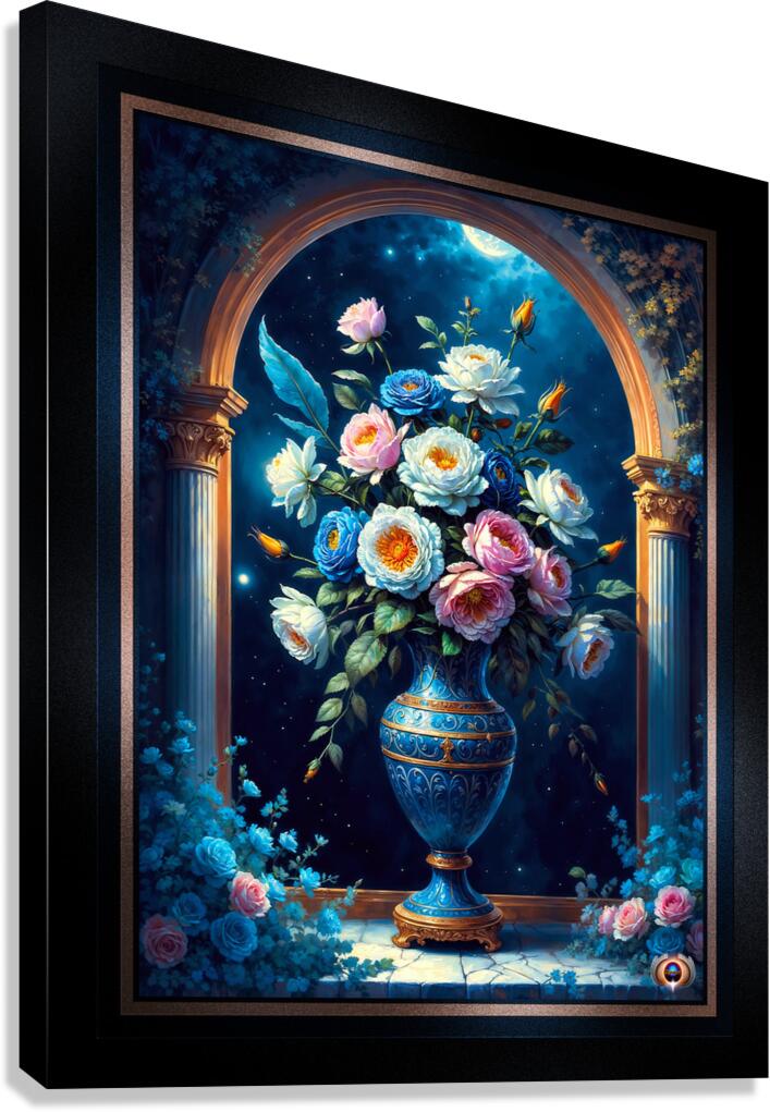 Glorious Floral Bouquet In A Majestic Blue Vase Under A Moonlit Sky Captivating AI Concept Art by Xzendor7 Canvas Print