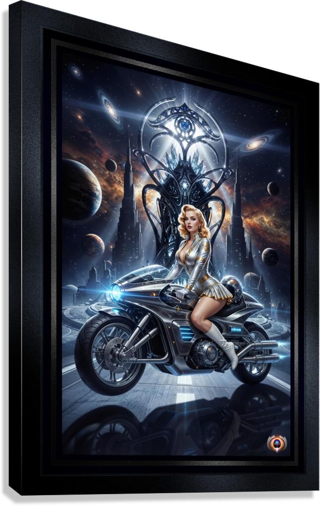Cosmic Rider Lysandra Valtor Atop Aethelion Spire Mesmerizing AI Concept Art by Xzendor7 Canvas Print