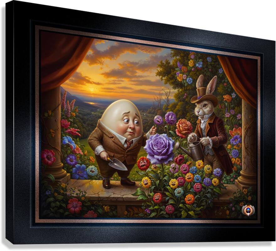 Humpty Dumpty And Peter Rabbit In A Whimsical Garden Enchanting AI Concept Art by Xzendor7 Canvas Print