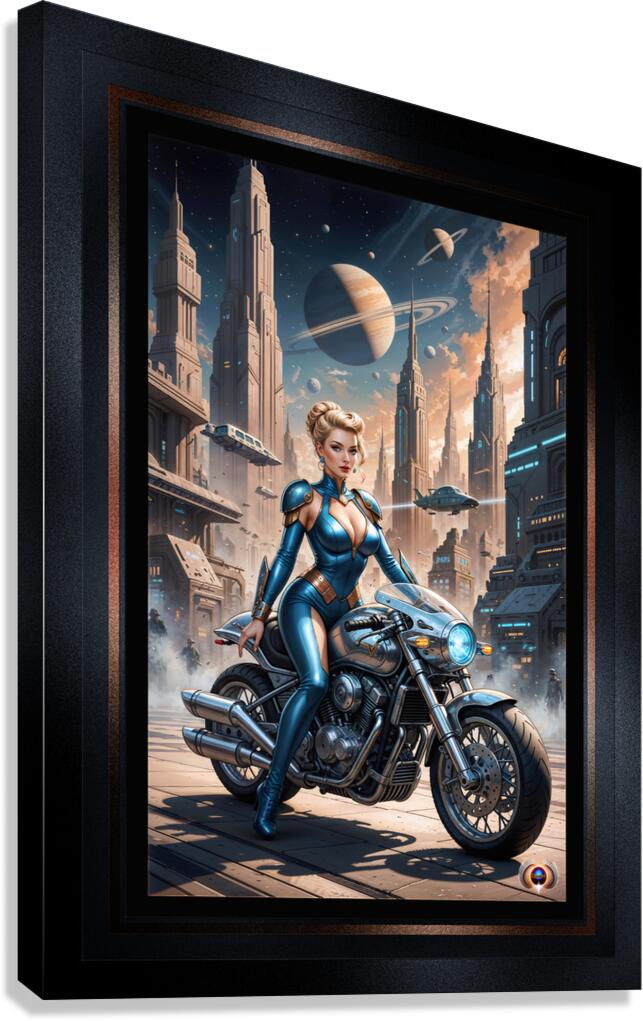 Ylara Fynra Poised On Her Jaxtor M113 In Caelum City Stunning AI Concept Art by Xzendor7 Canvas Print