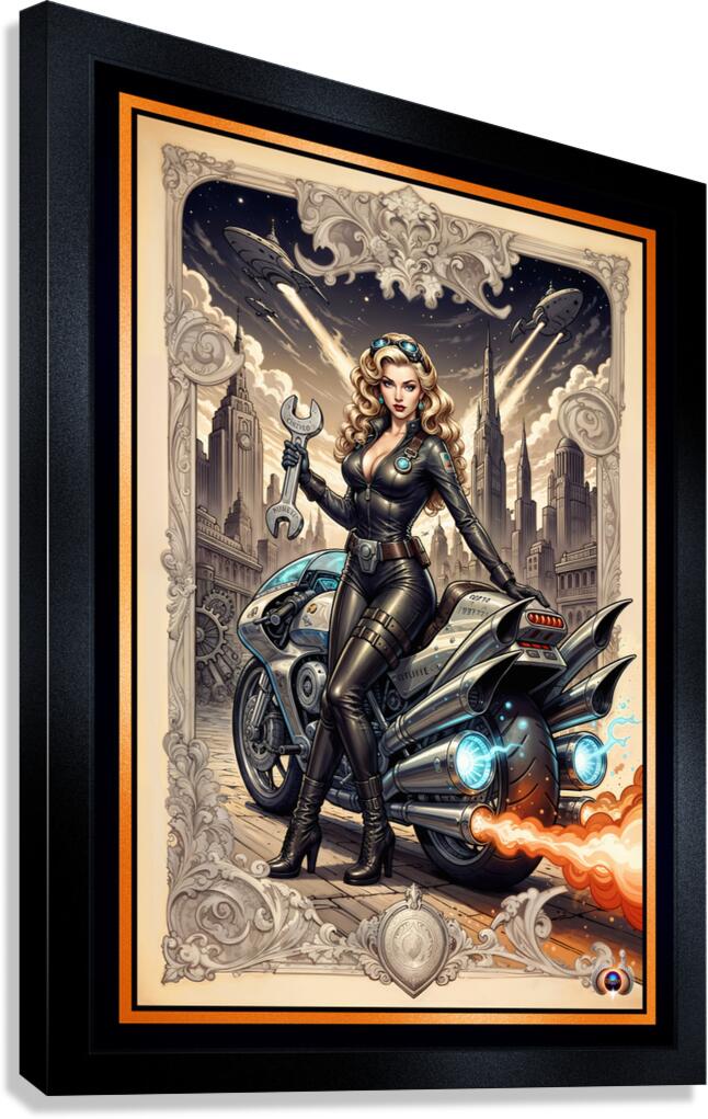 Tsylara Mimor And Her Jithera Cycle Amidst The Sprawling Rovathia Cityscape Gorgeous AI Concept Art by Xzendor7 Canvas Print
