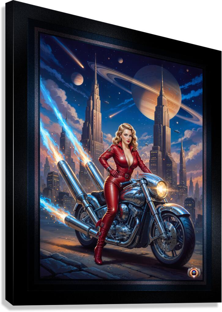 Urra Tyrlan Riding Her Deblenus Cr93721 Power Bike Portrait Gorgeous AI Concept Art by Xzendor7 Canvas Print