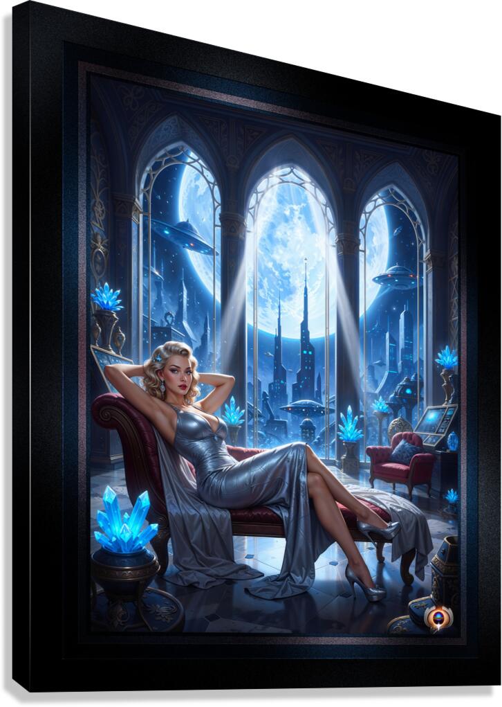 Sylva Braunen Reclining On Chaise Amidst Cosmic Cityscape Striking AI Concept Art by Xzendor7 Canvas Print