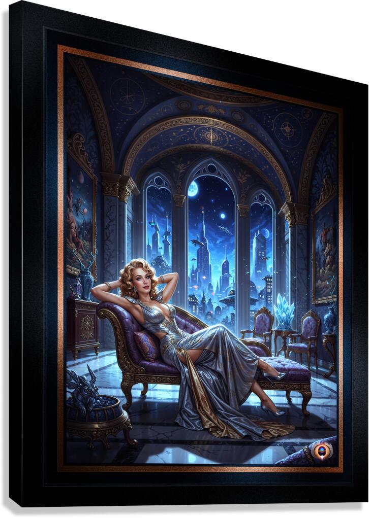 Stellara Wynthra Reclining In Celestial Gothic Chamber Captivating AI Concept Art by Xzendor7 Canvas Print